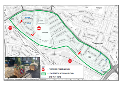 Map of Tokyngton and Wembley Central Area Healthy Neighbourhood area showing each closure will have planters placed in the road with associated signage. A lockable drop down bollard will allow emergency access vehicles will be able to pass through the closure. Some small changes to parking bays may be required for the closure. Closures are proposed at the following locations : Tokyngton Avenue, Cecil Avenue and Rupert Road.