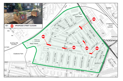 Olive Road Healthy Neighbourhood Map showing each closure will have planters placed in the road with associated signage. A lockable drop down bollard will allow emergency access vehicles will be able to pass through the closure. Some small changes to parking bays may be required to make room for the closures which are proposed at the following locations in the area:  St Michaels Road, Agave Road, Ashford Road, Ivy Road, Mora Road and Oaklands Road (separate scheme).