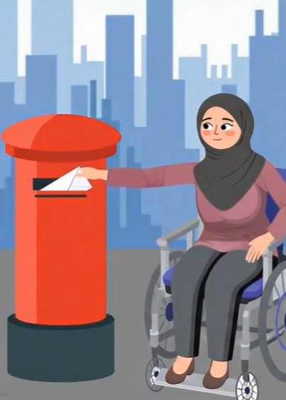 Illustration of a local resident in a wheelchair posting their ballot paper into a post box