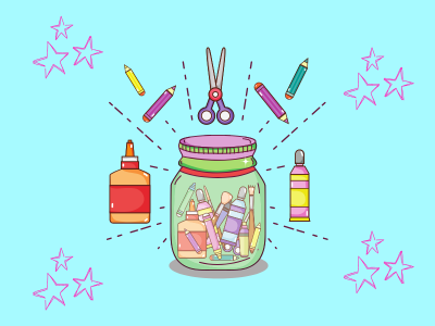 Illustration of craft items and stars on light blue background