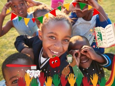 Smiling children with illustrated BHM and health images