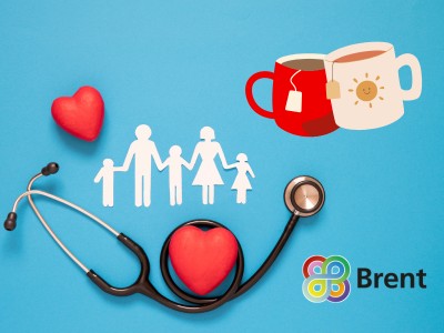 Stethoscope, heart, mugs of tea, paper cut outs of a family and the Brent logo  
