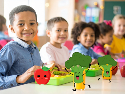 kids with packed lunches and dancing vegetables 