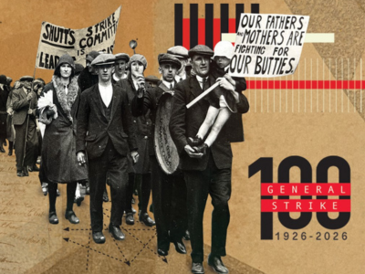 Image of people marching with the centenary logo