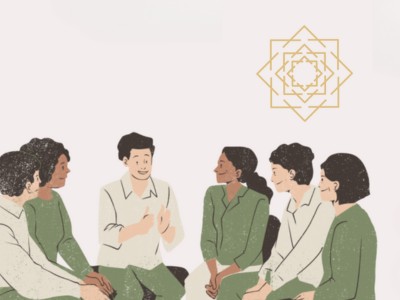 Illustration of people meeting with gold geometric star