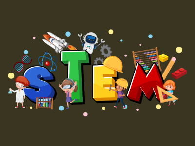 Letters STEM in blue, green, yellow and red with STEM items around them