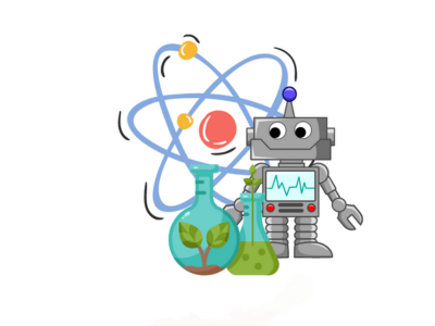 Illustration of robot, atom and test tubes