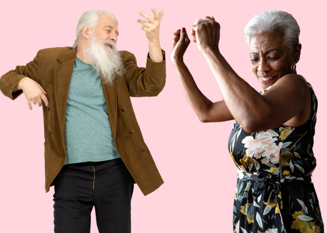 Two over 55s dancing to Zumba