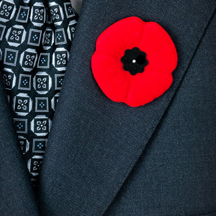 suit with poppy pinned 