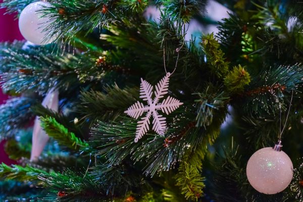 close up of a Christmas tree with pink decorations