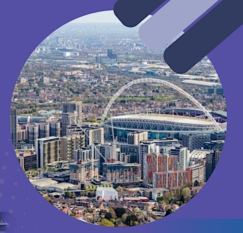 The Wembley skyline inside a purple circle
