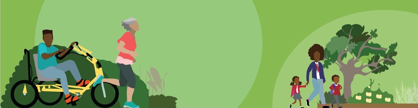 green banner with people walking and cycling
