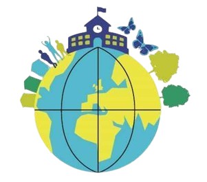 A graphic of a globe with homes, tree and a school around the perimeter